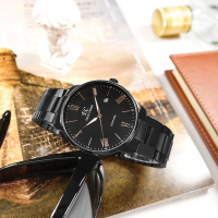 EROS CERES / 簡約時尚 羅馬刻度 藍寶石水晶玻璃 日期 不鏽鋼手錶-鍍黑/43mm