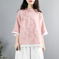 中國風復古雙層紗棉麻上衣女夏裝七分袖中式禪意茶服斜襟盤扣襯衫
