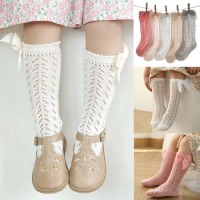 2024 New Baby Girls Bow Socks 100% Cotton Solid Color Long Sock Infant Knee High Breathable Mesh Princess Tube Socks For 0-5 Yrs