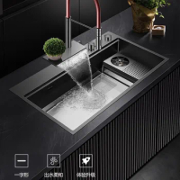 Top Quality Waterfall Pull Out Kitchen sink faucet One Hole Fashion Gun Black Hot cold water Kitchen mixer Tap with 2 mode spray
