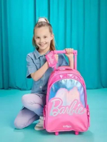 Koper Anak Laki-laki Perempuan Trolley Troli Bag Backpack Tas Sekolah Dorong Roda Troli Barbie