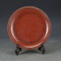 元紅釉果盤古董古玩仿古瓷器老物件陶瓷擺件