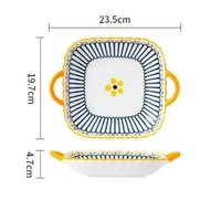Yelo B Peralatan Makan Keramik Mewah Motif Garis Biru Kuning Piring Mangkok, dan Piring Saji Elegan 