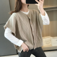 菱形格子復古毛衣馬甲針織開衫背心外套女寬松外穿搭v領坎肩馬夾