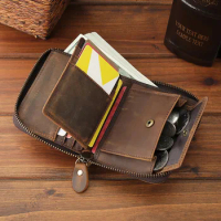 Vintage Men Zipper Wallet Genuine Leather Short Wallet with Coin Pocket Luxury Design Small Male Purse Bifold Quality Money Bag