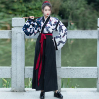 Kimono Traditional Japanese Samurai Costume Women Vintage Crane Print Top Pants Suit Yukata Haori Japan Cardigan Party Cosplay