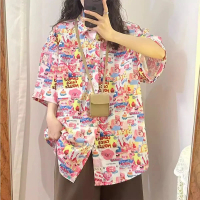 เสื้อเชิ้ตแขนสั้นพิมพ์ลายฮาวายสไตล์วันหยุดชายหาดแบบลำลองสำหรับผู้หญิง ทรงหลวม ผ้าโพลีเอสเตอร์ ความยา