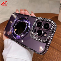 Double Diamond Bumper Case for iPhone 15 Pro Max Glitter Mirror Magnetic Bracket Magsafe Cover for iPhone 11 12 13 14 Pro Max