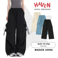 Quần túi hộp ống rộng Haven Studio chất kaki thụng nam nữ có dây rút Cargo Pants màu đen, trắng