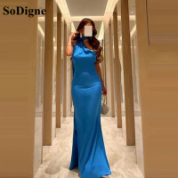 SoDigne Saudi Arabic Blue Simple Evening Dresses 2023 halter Sleeveless Mermaid Formal Evening Gowns Special Occasion Gowns