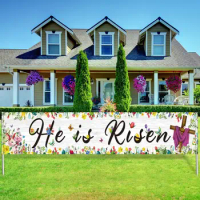 He Is Risen Banner Happy Easter Spring Banners Floral Bunny Easter Banner for Outside Colorful Eggs Grass Garden Party Supplies
