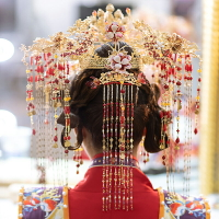 新娘中式發飾古風漢服流蘇整環古裝琉璃花朵金色秀禾結婚頭飾萱琪