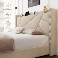 King Size Bed Frame with 4 Storage Drawer, Headboard Charging Station, Solid Wood Slats Support, King Bed Frame