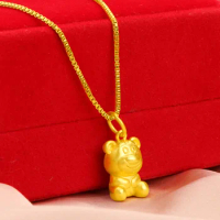 Real 24K Gold Color Cute Bear Necklace for Women Men Pure 999 Link Chain Fine Jewelry Engagement Wedding Christmas Birthday Gift
