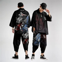 Two-piece Suit Oversize Dragon Print Japanese Cardigan Women Men Cosplay Yukata Clothing Harajuku Samurai Kimono + Pants Sets