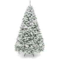 6ft Snow Flocked Hinged Artificial Christmas Tree with 1000 Branch Tips &amp; Metal Stand for Holiday Time