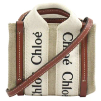 【Chloe’ 蔻依】Woody Nano 經典品牌LOGO織帶個性帆布迷你手提兩用包(米/咖)