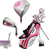 Pink Right Handed M5 Golf Club Set, Includes: Driver, Wood, Hybrid, No. 5,6,7,8,9, PW Stainless Steel Irons, Put