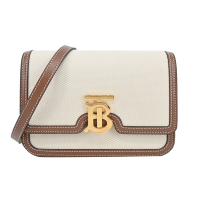 BURBERRY 巴寶莉  TB Logo 帆布及牛皮拼色小號斜背包(麥芽棕色)