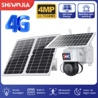 SHIWOJIA 20W Solar Camera 4G SIM Card 4MP Outdoor Waterproof PTZ Solar Battery CCTV 21700 Baterries Red-Blue Light Alarm