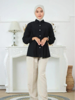 MN  - Atasan Kemeja Wanita Casual Polo Linen Motif Ruffle Polos Hitam Putih Lembut Nyaman Oversize