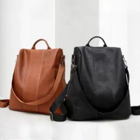 Fashion Vintage PU Nylon Backpack Women'S Backpack Purse Waterproof Anti-Theft Pu Lightweight School Bag Girls Shoulder Bag