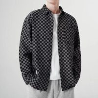 Men's American Style Retro Plaid Denim Jacket Jacket Men's Fashionable Loose Handsome Work Shirt Jac