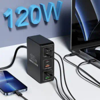 120W 6 Ports Desktop Charging Station USB Type C Charger For iPhone 15 14 13 12 Samsung PD 65W Fast Charger For Laptop Tablet