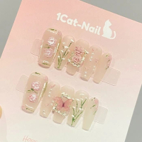 Oil Painting Designs Press on Nails Handmade Fake Nails Dream Garden with Flower Butterfly Long Coffin Nail Decorated False Tips