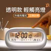 【莫內花園】透明顯示夜光小鬧鐘-充電升級版(時鐘 日曆 星期 天氣 溫濕度 正倒計時)