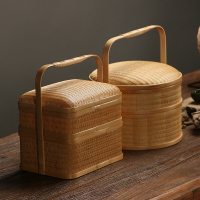 竹編 雙層食盒 送餐盒 中式仿古 茶道具 水果點心 收納盒 老式手提籃 帶蓋