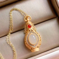 SNew Silver Natural Hetian Jade Vase Pendant Diamond Necklace for Women Chinese Style Vintage Palace Classical Ornaments