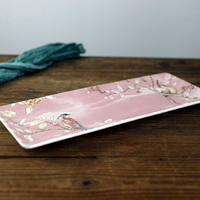 粉色法式鄉村長方盤魚盤壽司盤子釉下彩長條盤點心盤特色長盤子