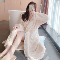 Lace Robe for Women Belt Sleepwear Nightdress Winter Night Wear Pajama Nightgown Long Sleeve Warm Fleece Solid Homewear Japanese