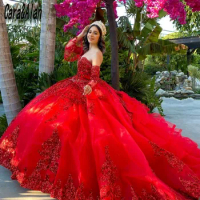 Mexican Dark Red vestidos de 15 años Quinceanera Dress with Removeable Sleeves Sequin Applique Sweet 16 Dress Long Prom Gown