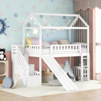 Harper & Bright Designs Loft Bed With Slide, House Loft Beds Twin Size With Step Storage Drawers Sta