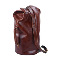 Retro Crazy Horse Leather Cylinder Bag Men's Large Capacity Leather Backpack Outdoor Travel Backpack Mountaineering Bag