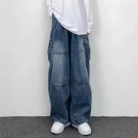 Spring And Autumn Vintage Wide Leg Big Pocket Overalls Men Y2K Neutral Loose Straight Leg Casual High Street Hip Hop Jeans