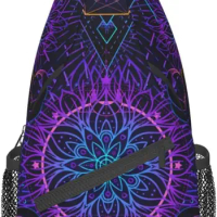 Geometry Moon Tattoo Mandala Mysticism Purple Sling Backpack Crossbody Sling Bag Travel Chest Daypack Hiking Shoulder Bag