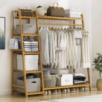 Open Closets,Bamboo Clothing Garment Rack 7 Tier Storage Shelf Coat Clothes Hanging Rack, Portable Wardrobe Closet Organizer