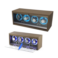 【ARZ】胡桃木紋質感 四錶位 機械錶自動上鍊盒(LED燈 掀蓋 玻璃收藏盒 搖錶器 手錶盒)