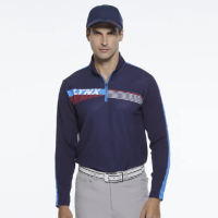 【Lynx Golf】男款合身版肩袖配線斜紋印花內刷毛長袖立領POLO衫/高爾夫球衫(深藍色)