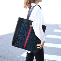 GUCCI 古馳  金屬LOGO天鵝絨拼接牛皮直式肩背托特包(黑/墨綠)