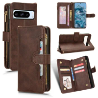 Pixel 8 Pro Pixel8 Retro Leather Case Wallet Book Zipper Card Slots Holder Flip Cover For Google Pixel 8 Pro Phone Bags Straps