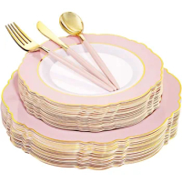 30Guest Pink Plastic Plates &amp; Gold Plastic Silverware With Pink Handle-Baroque Pink &amp;Gold Plastic Dinnerware for Upscale Wedding