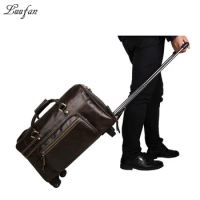 Men's genuine leather trolley case 18" Cow leather business luggage bag Real leather travel bag with wheels Large Travel duffel