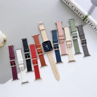 Suitable For Iwatch8 Apple Watch Applewatch765 Generation Se Strap Square Buckle Diamond Plaid Leather Strap