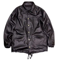 Men's Cow Leather Coach Jacket Loose Fit Spring Autumn Japan Safari Coat Streetwear Unisex Clothing