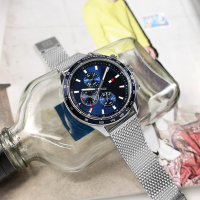 TOMMY HILFIGER / 簡約三眼 經典潮流 兩地時間 米蘭編織不鏽鋼手錶-藍色/44mm