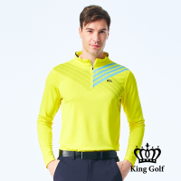 【KING GOLF】男款薄款立領拉鍊線條幾何圖形長袖款式POLO衫/高爾夫球衫-黃色